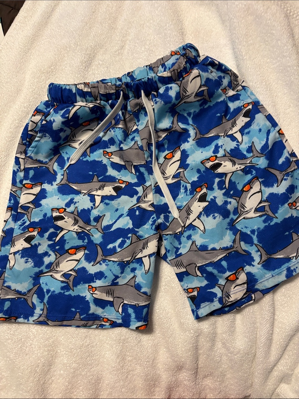 Blue Shark Print Kids Swim Trunks